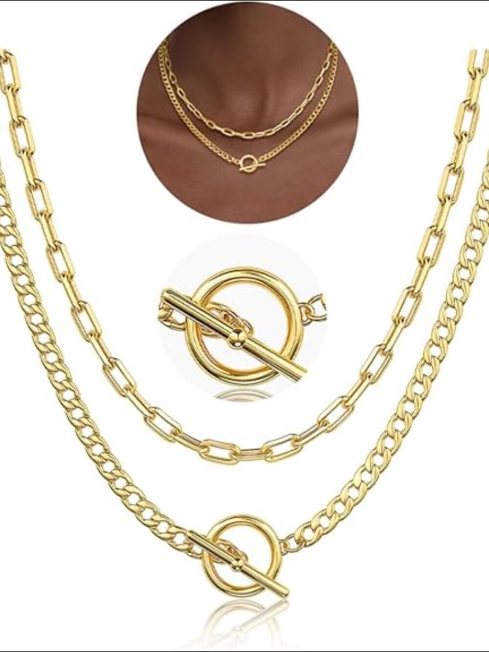 14K Yellow Gold Chain Necklac Layered Cuban Link Paperclip Toggle Clasp - Picture 2 of 5